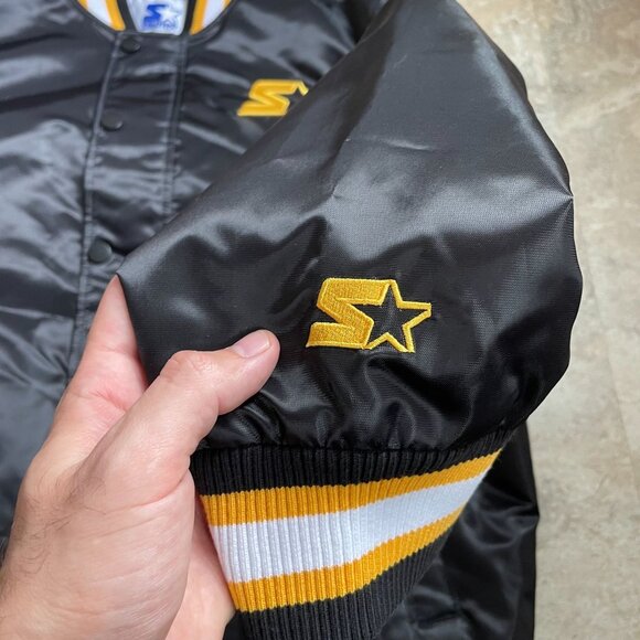 Starter Bomber Jacket Mens Large Satin Coat Pittsburgh Embroidered Black - Picture 4 of 8
